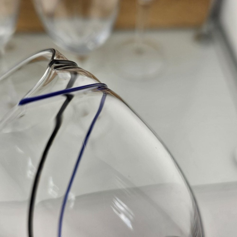 6) Fused Glass Swirl Delicate Double Line Champagne Flutes 8" Glasses blue black - Picture 3 of 11